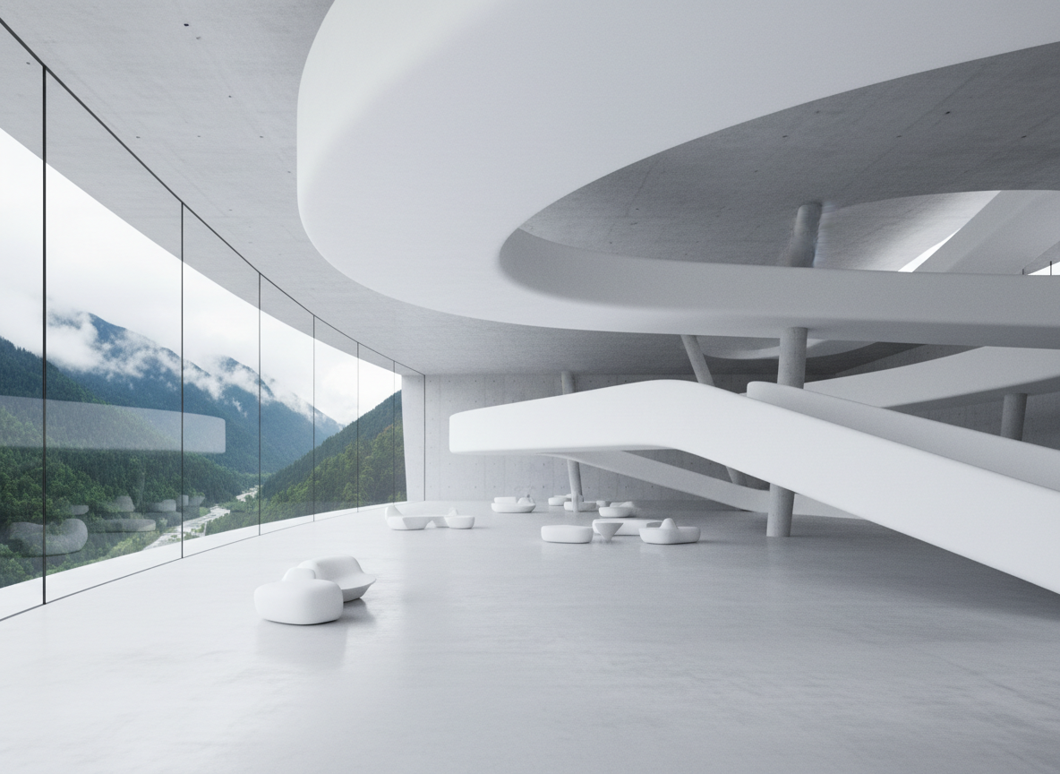 Photorealistic 3D render of a futuristic minimalist interior space in the style of Zaha Hadid. Smooth winding white organic ramps and elevated pathways that curve and flow through the space like a river, with soft rounded edges. White pod-like sculptural seating elements scattered on a polished light grey concrete floor. Floor-to-ceiling glass windows on the left revealing a lush green mountain forest with misty peaks and a winding river valley. Soft diffused natural daylight. The overall palette is cool whites, light greys, and greens from the landscape outside. Wide cinematic horizontal composition. No people. Clean, serene, futuristic learning environment. Same visual style as the header image.